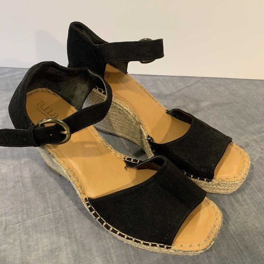 Ana Women's Black Suede Sandal with 4"Rope Wedge Heel Size 9.5M Defect​​​​​​​​